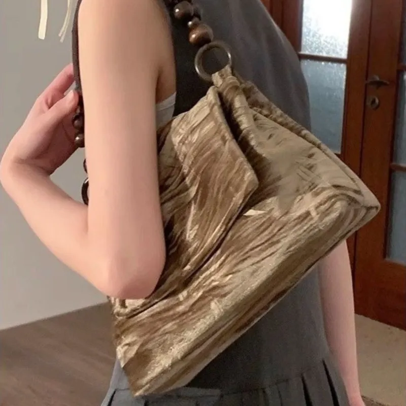 Retro Velvet Beige Handbag Women Beaded Handle Square Large Capacity Shoulder Bags Ladies Elegant Gentle Versatile Underarm Bag