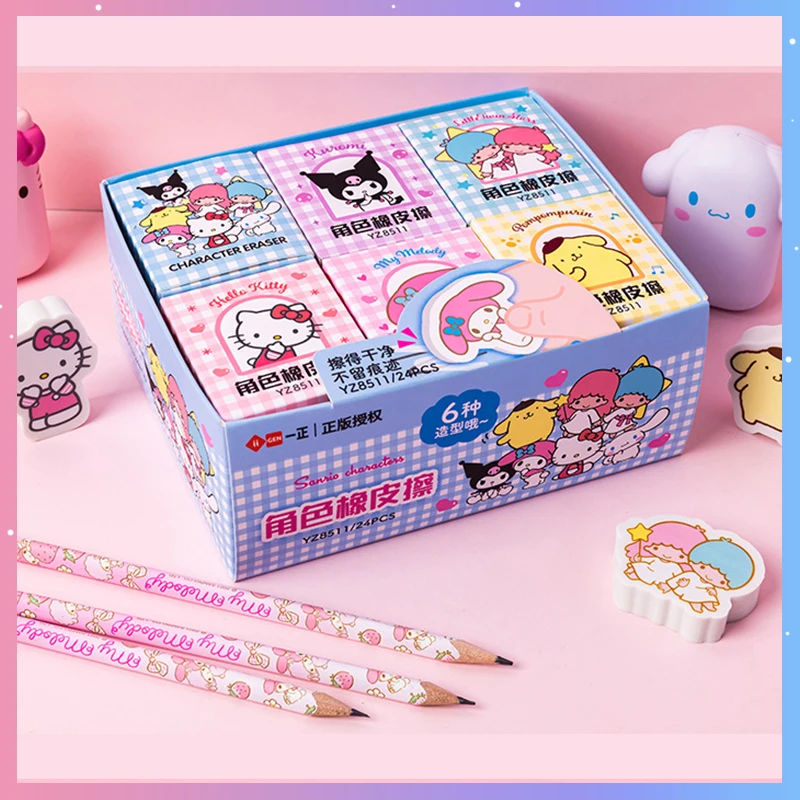 

24pcs/box Sanrio Mymelody Kuromi Cinnamoroll Figure Eraser Anime Cartoon Kawaii Cute Creativity Student School Office Supplies