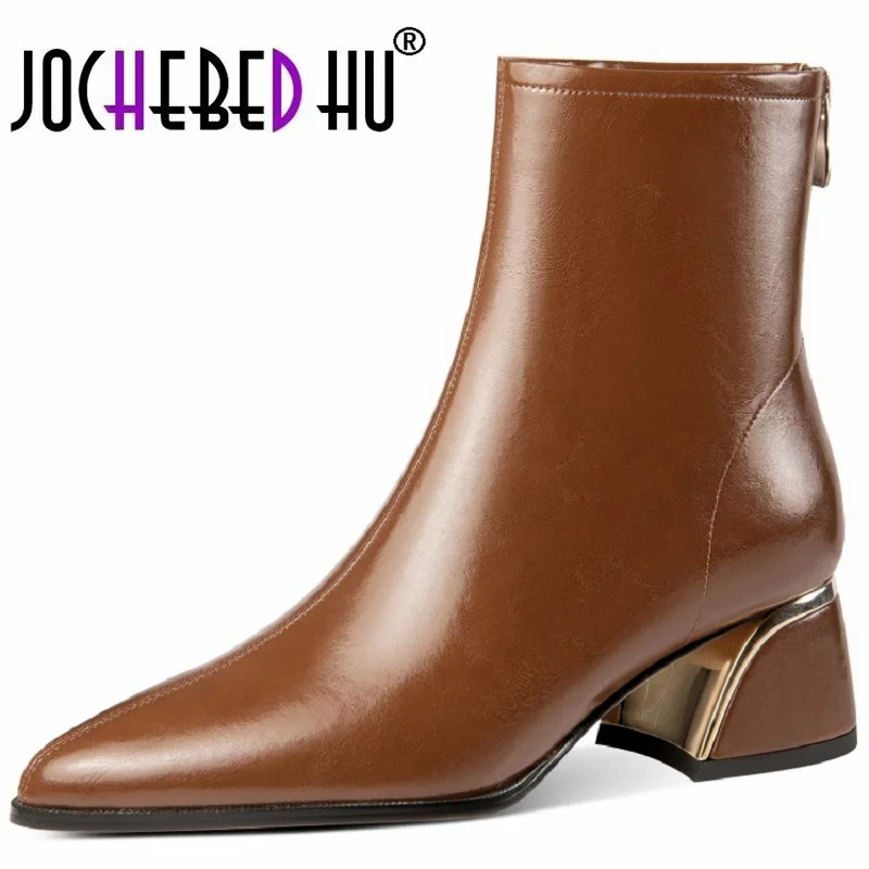 

【JOCHEBED HU】Women Ankle Boots Handmade Luxury Genuine Leather Medium Heels Zipper Elegant Female Booties Designer Shoe 33-43