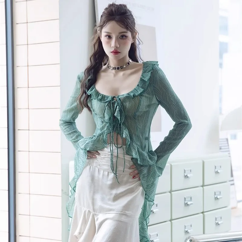 

French Long Sleeved Cardigan for Women, New Niche Fashion, Versatile, Original Design, Feeling Ruffle Edge, Outerwear Top