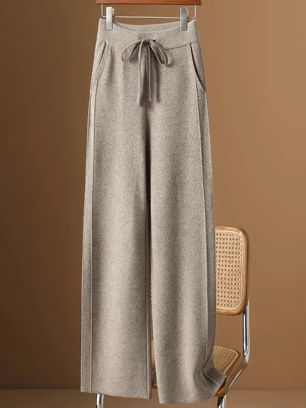 Autumn Winter New Knitted Wool Wide Leg Pants Women's High Waist Casual Straight Cut High End European Sle Faionable Mom ...