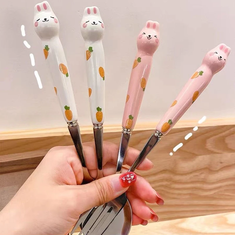 Tableware Set Spoon Fork Chopstick Cute Rabbit Student Portable Dinnerware Camping Travel Cutlery Sets with Box