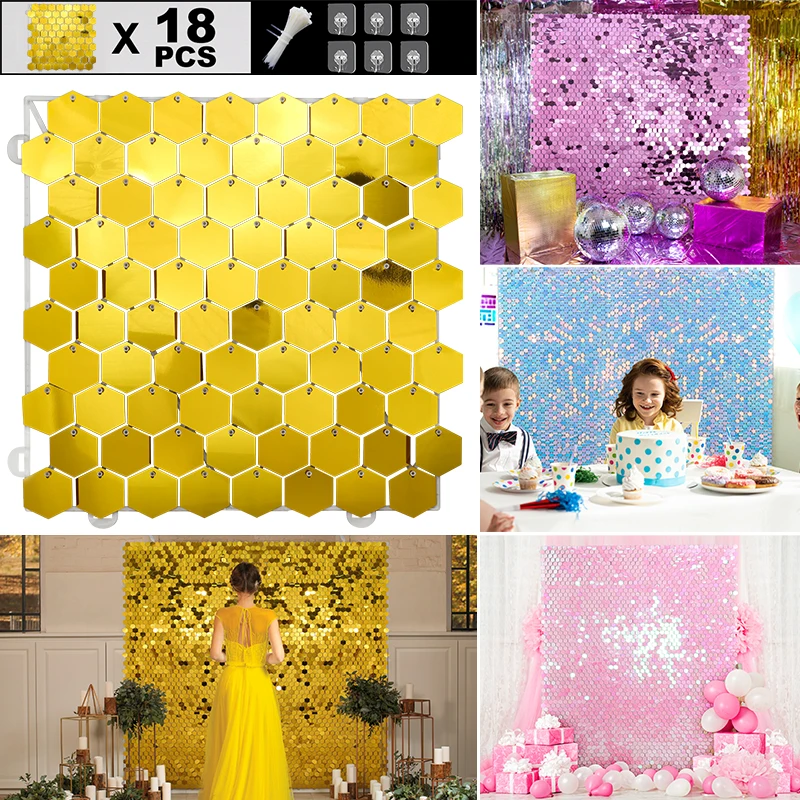18pcs Shimmer Wall Backdrop Wedding Background Sequin Panels Clear Back Events Home Decor and Advertising Signs Sparkle Wall