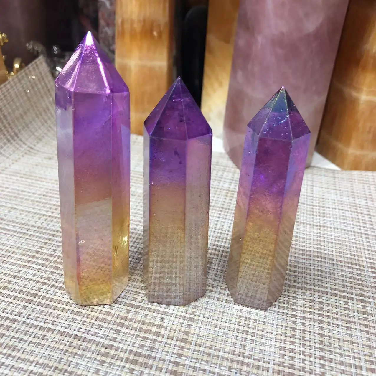 

Natural Stones Aura Purple Yellow Wand Point Polished Quartz Crystal Healing Gemstones Crafts Reiki Decoration