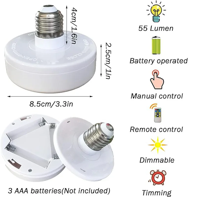배터리 작동 전구, 55 루멘, 리모컨 LED 퍽 라이트, 메모리 기능이 있는 AA 배터리 전구, 조도 조절식 E27/E26 Spir