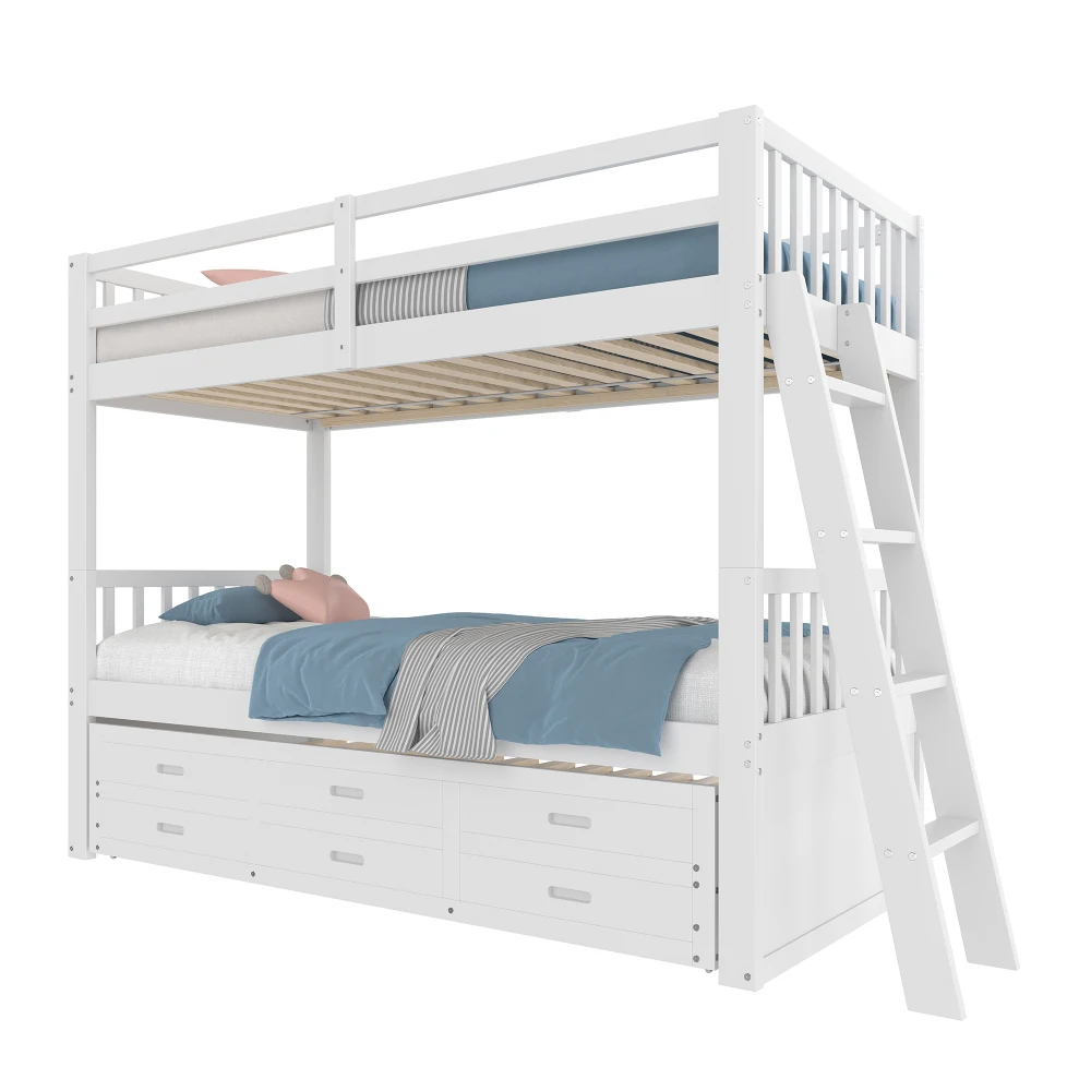 Multifunktionales Etagenbett 90 x 200 cm – Hausbett für Jungen und Mädchen, mit Leiter, ausziehbarem Bett und 3 Schubladen, weiß, ohne Matratze – Detail 8
