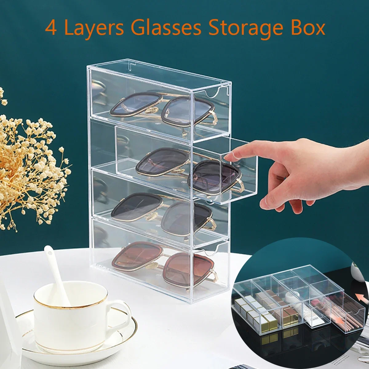 

Layers Glasses Stackable Makeup Holder Acrylic Display for Reusable Sunglasses Organizer 4 Cosmetics Drawers Jewelry Box Storage