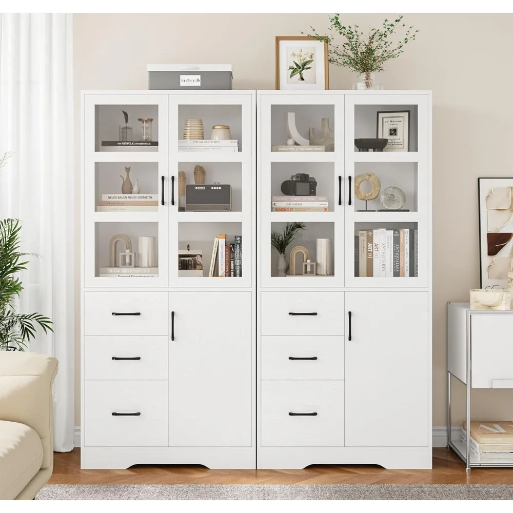 Tall Bathroom Storage Cabinet with Glass Display Doors and Shelves, 67&rdquo; Modern Tall Cabinet with 3 Drawers,