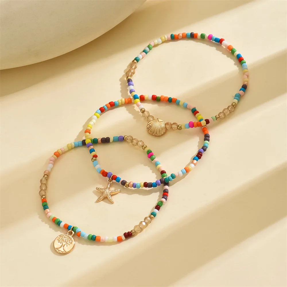 Cute Starfish Scallop Life Tree Pendant Anklets For Women 3pcs/set Rainbow Beads Foot Chains Beach Jewelry Summer Accessories