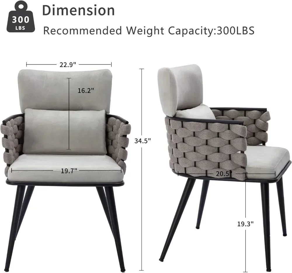 Mid-Century Modern Dining Chairs Set of 2, Handmade Woven Kitchen Chairs, Upholstered Velvet Dining Chairs with Metal Legs for 2