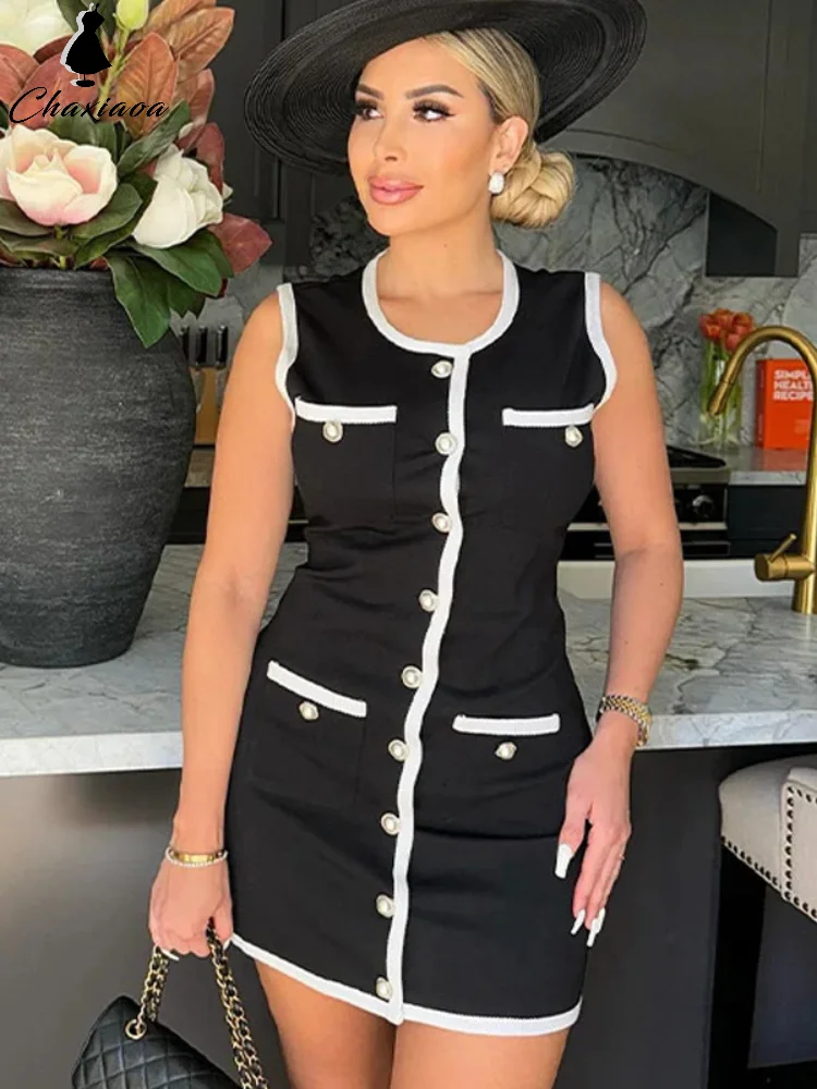 

Мини-платье CHAXIAOA женское с круглым вырезом, модное облегающее Элегантное короткое платье-трапеция без рукавов, с несколькими карманами, в стиле кэжуал