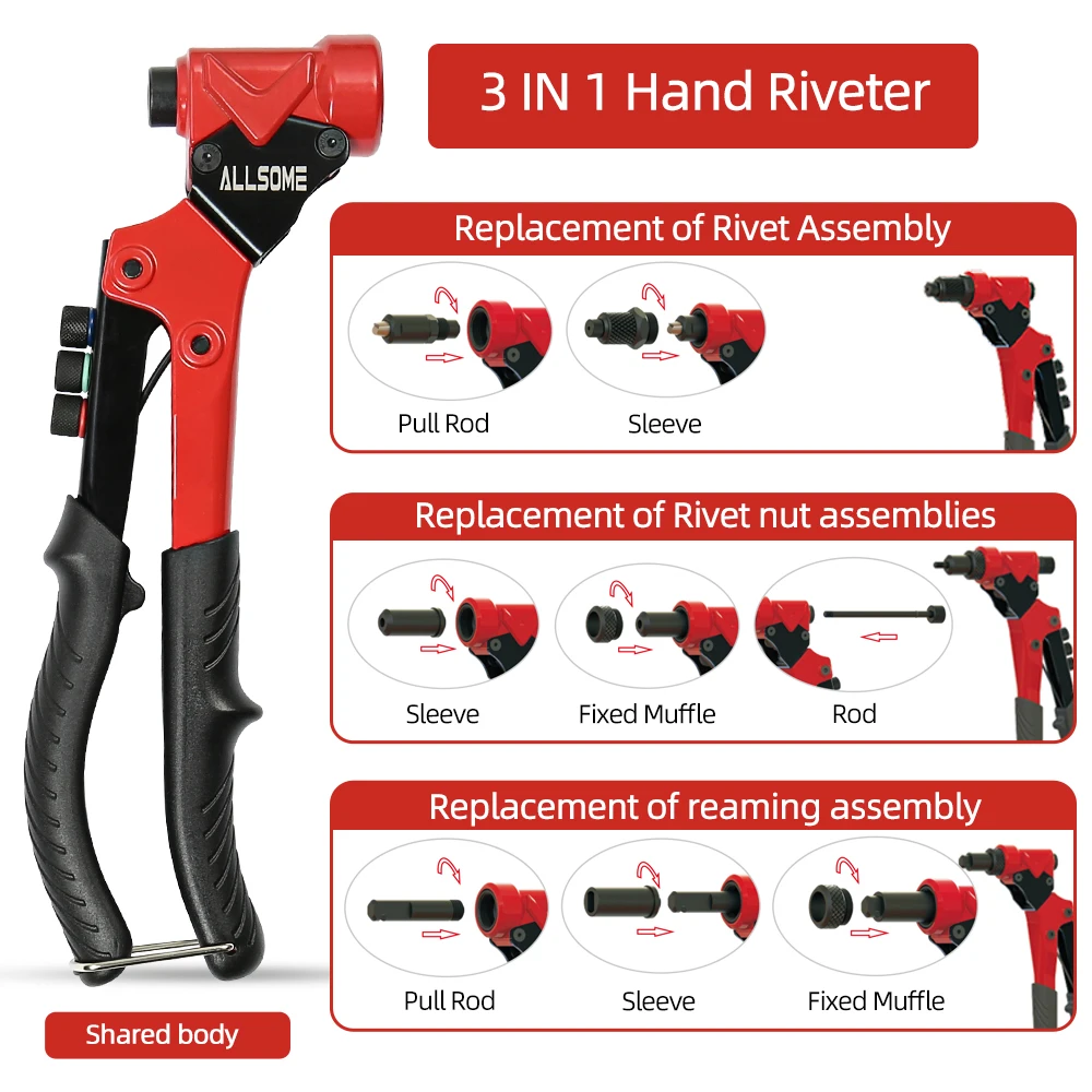 ALLSOME 360&deg; Swivel Head Rivet Nut Guns 3 in 1 Hand Riveter of Sleeve Nuts Threaded Tool for Auto M3/4/5/6 Multi Reaming