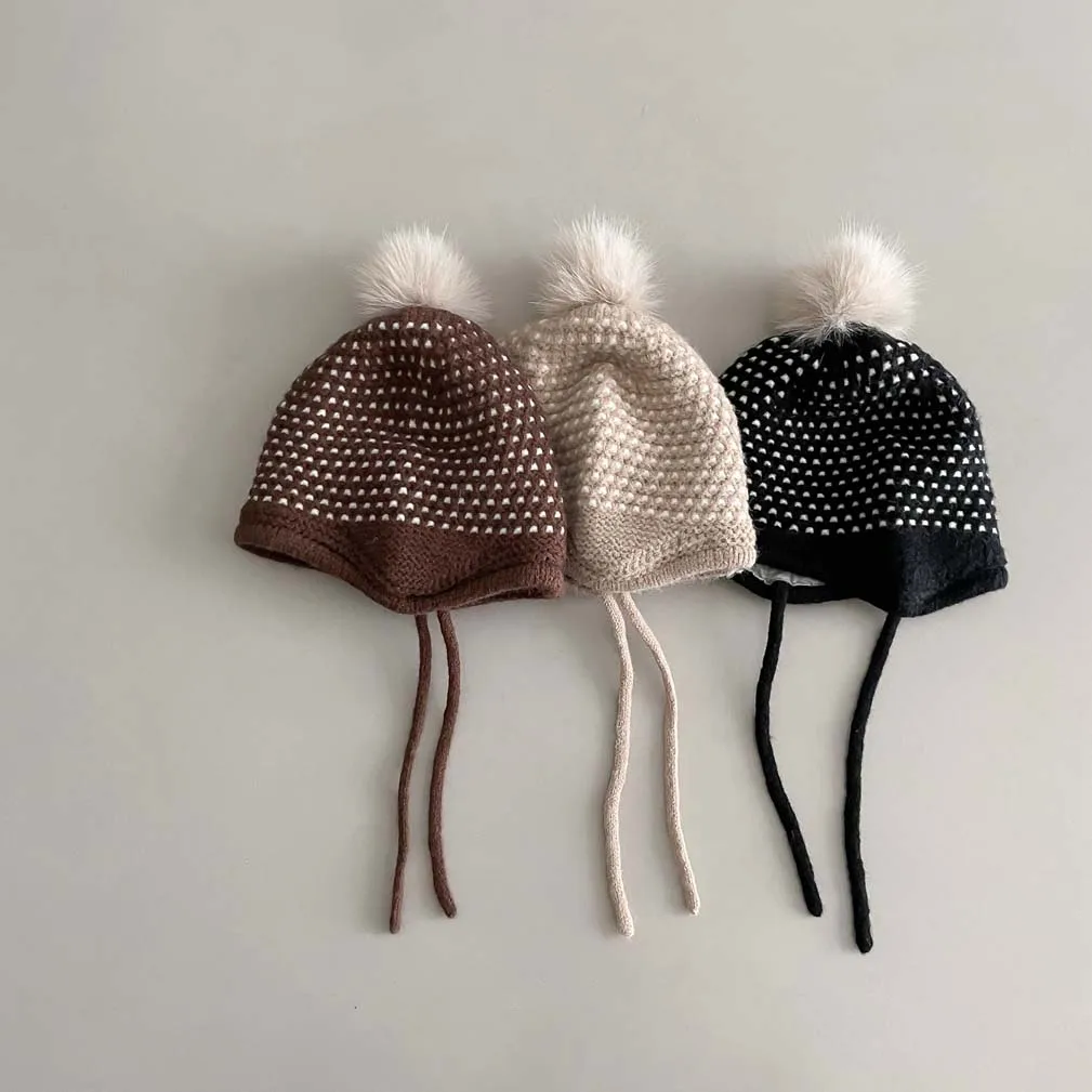 Korea Cute Pom Baby Knitted Hat 2023 Autumn Kids Beanie Caps Children's Knitted Ear Protection Hat For Girls Boys Wool Caps children s bath ear protection shower cap baby adjustable shampoo artifact eva shampoo cap