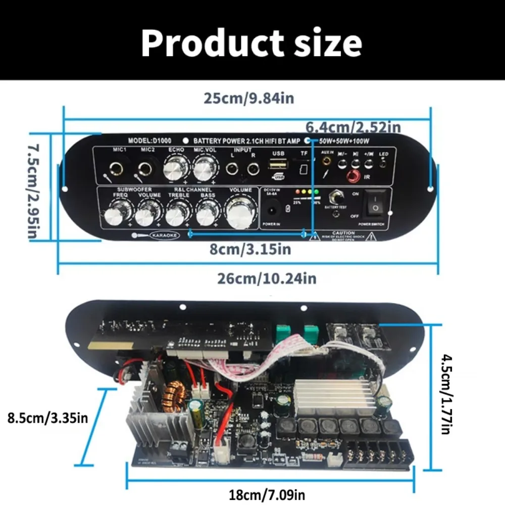 D1000 Bluetooth Amplifier Board 50W+50W+100W 2.1 Channel BT5.0 Rechargeable Subw