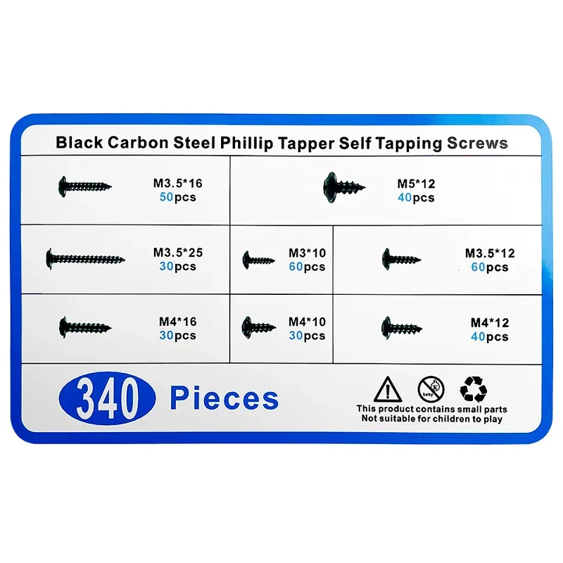 340pcs/Box Cross Head Self Tapping Screws Set Pan Head Tapping Screw Assortment Kit Black Furniture Carbon Steel M3/M3.5/M4/M5