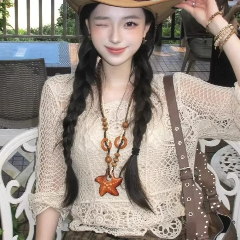 Vintage Boho Ethnic Style Long Handmade Bead Wood Star Pendant Necklace Sweater Chain for Women Fashion Neck Jewelry Party Gifts