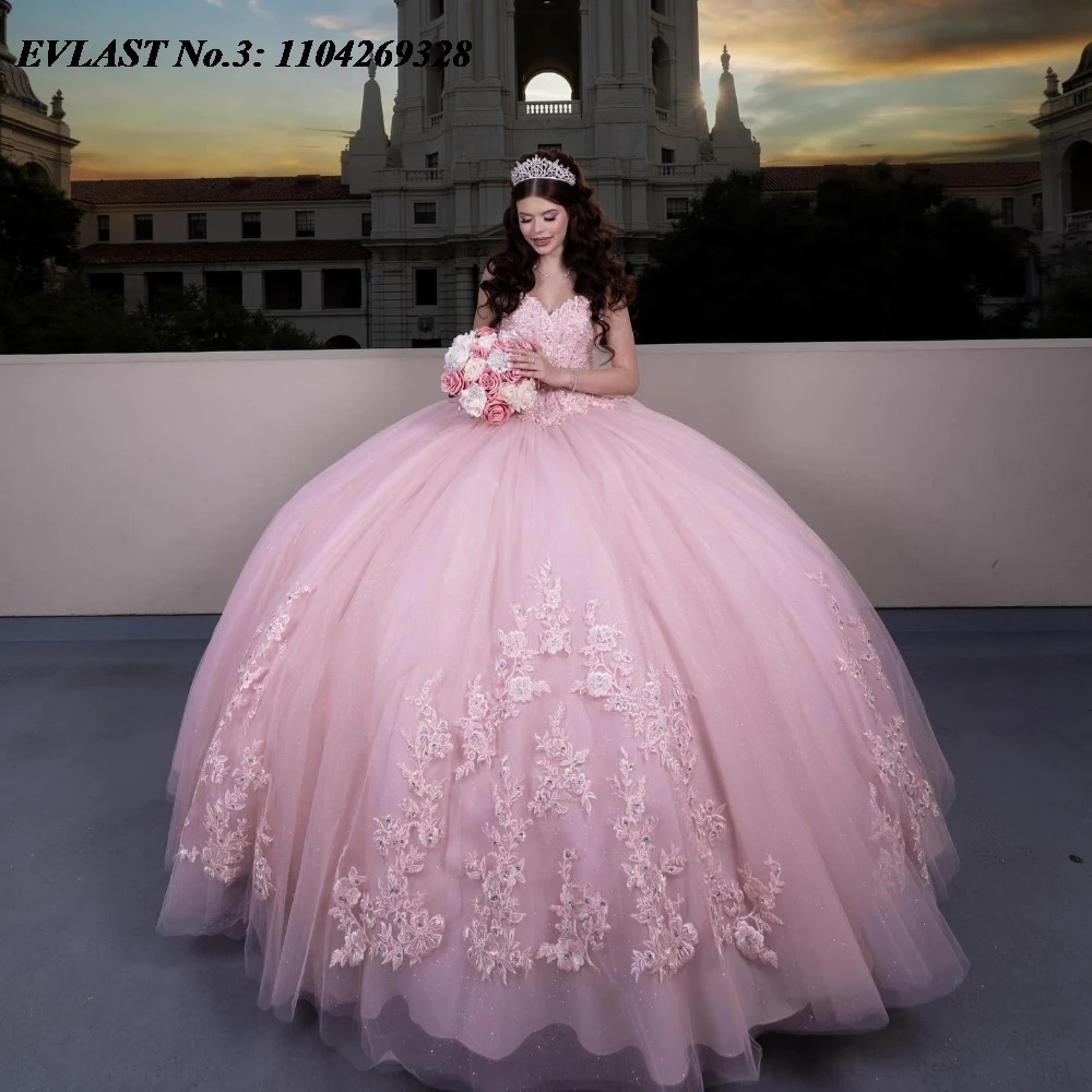 EVLAST Sparkly Pink Quinceanera Ball Gown Lace Applique Beading Bow Tiered Sweet 16 Dress E3Q188