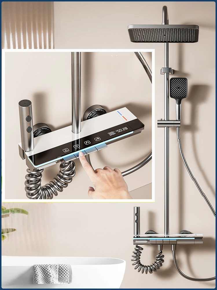 จอแสดงผลอุณหภูมิสายฝนห้องน้ําชุดฝักบัวสมาร์ทดิจิตอลห้องน้ําก๊อกน้ําชุดสีเทาระบบฝักบัว Ambient Light 1