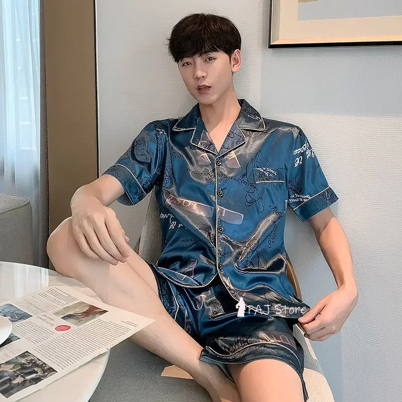 Large Size 5XL Men's Pajama Short's For Summer Satin Set Silk Sleepwear Male Pijama Casual Home Clothes Pyjama Homme Pijamas silk pajamas,man pajamas set,satin pajama set