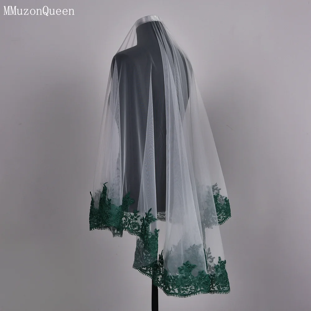 MMQ M112 Bridal Veil Green Lace Edge Veil 1 Tier Solf Tulle Wedding Without Comb Bride Wedding Stuff