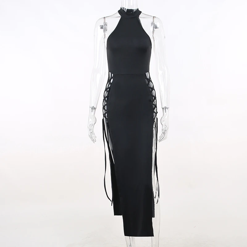 Women's Gothic Style Double Slit Bandage Dress Halter Neck Sleeveless Long Dress YJ22598DG 4