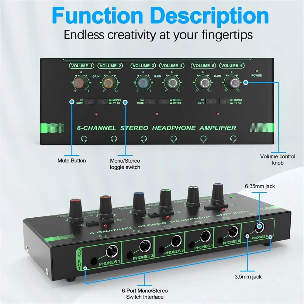 6 Channels Headphone Amplifier Independent Volume Control Compact Mini Earphone Splitter Stereo/Mono Switch for Studio Stage