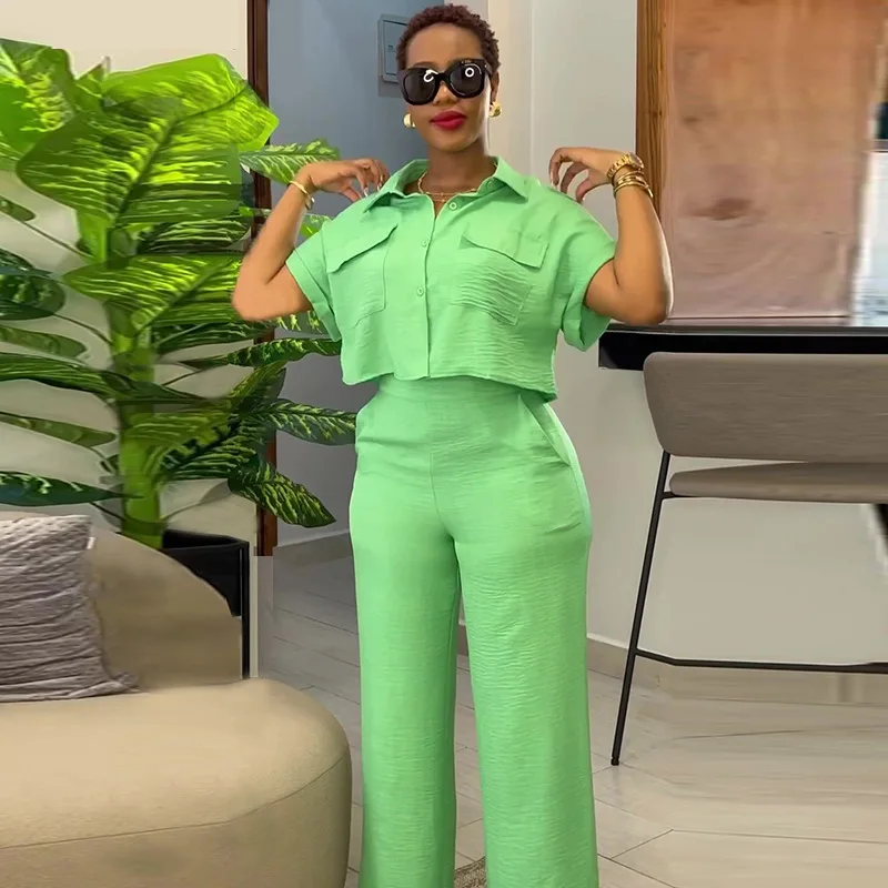 Summer Women Daily Work Suit New Elegant Women's Shirt Pants Set With Turn-down Collar Short Sleeves Wide Leg Stylish For Office