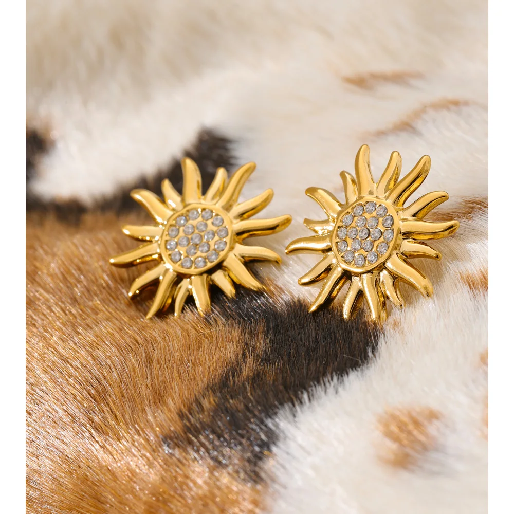 Yhpup Stainless Steel Cubic Zirconia Sun Stud Earrings