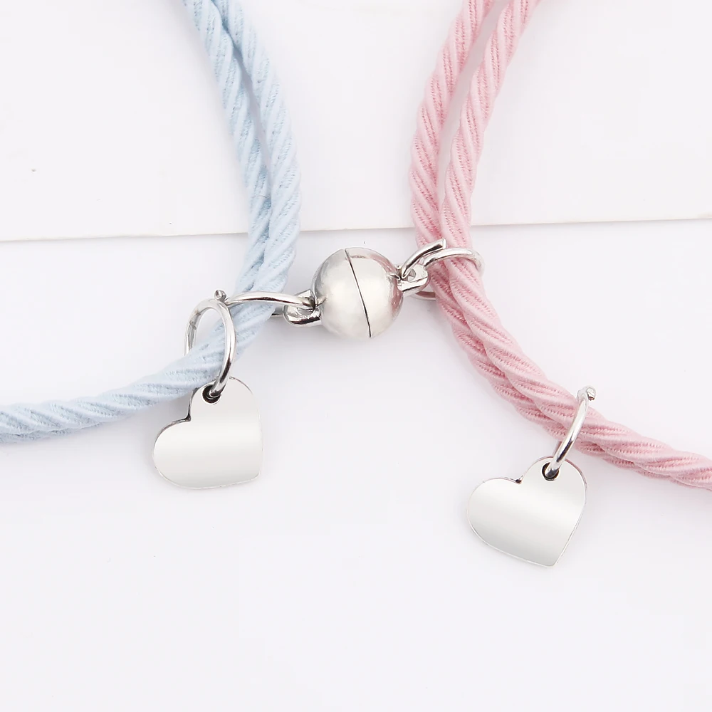 Stainless Steel Bracelet 1Pair Braid Rope Magnet For Lovers Pendant Heart Couple Girls Friendship Jewelry