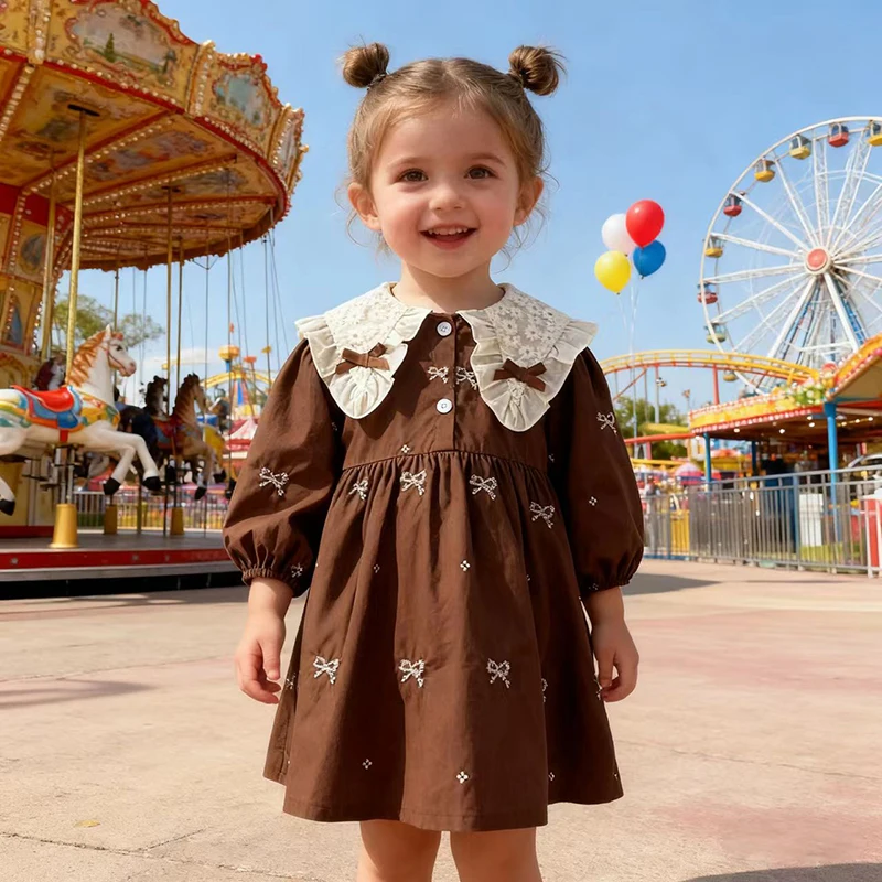 ربيع جديد الأطفال المطرزة القوس فستان القطن الفتيات لطيف فضفاض نفخة الأكمام فستان الدانتيل طفل سترة فستان ملابس الاطفال