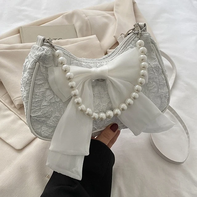Sac à main rétro en perles pliables blanches pour femmes, sac à main de luxe de styliste avec nœud, sacs à bandoulière mode Y2K Vintage pour femmes 1