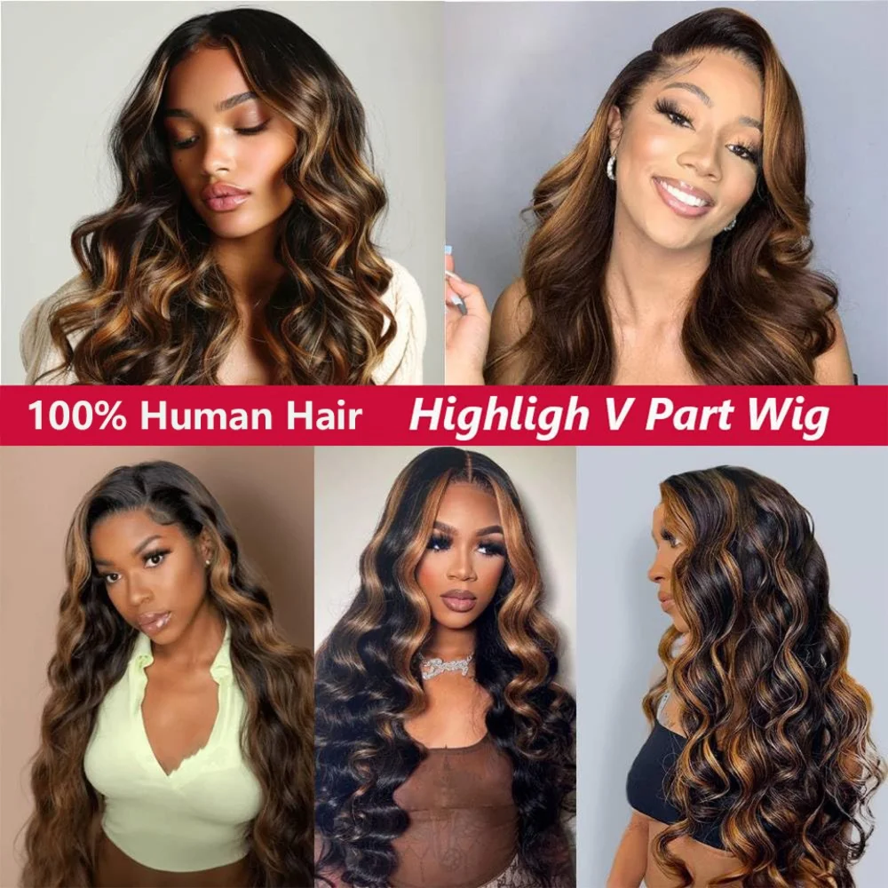 Body Wave V Part Human Hair Wigs 1B/30 Highlight 30 Inch V Part Wig Human Hair Glueless Wear And Go For Black Women 250% Density