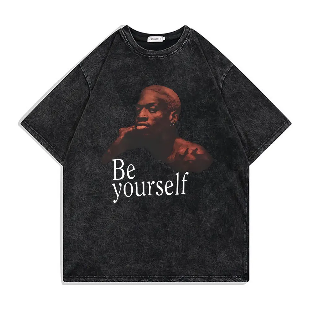 

The Worm Dennis Rodman Be Yourself Print Vintage Washed T-shirt Male Fashion Hip Hop T Shirts Men's Basketball Boys Streetwear