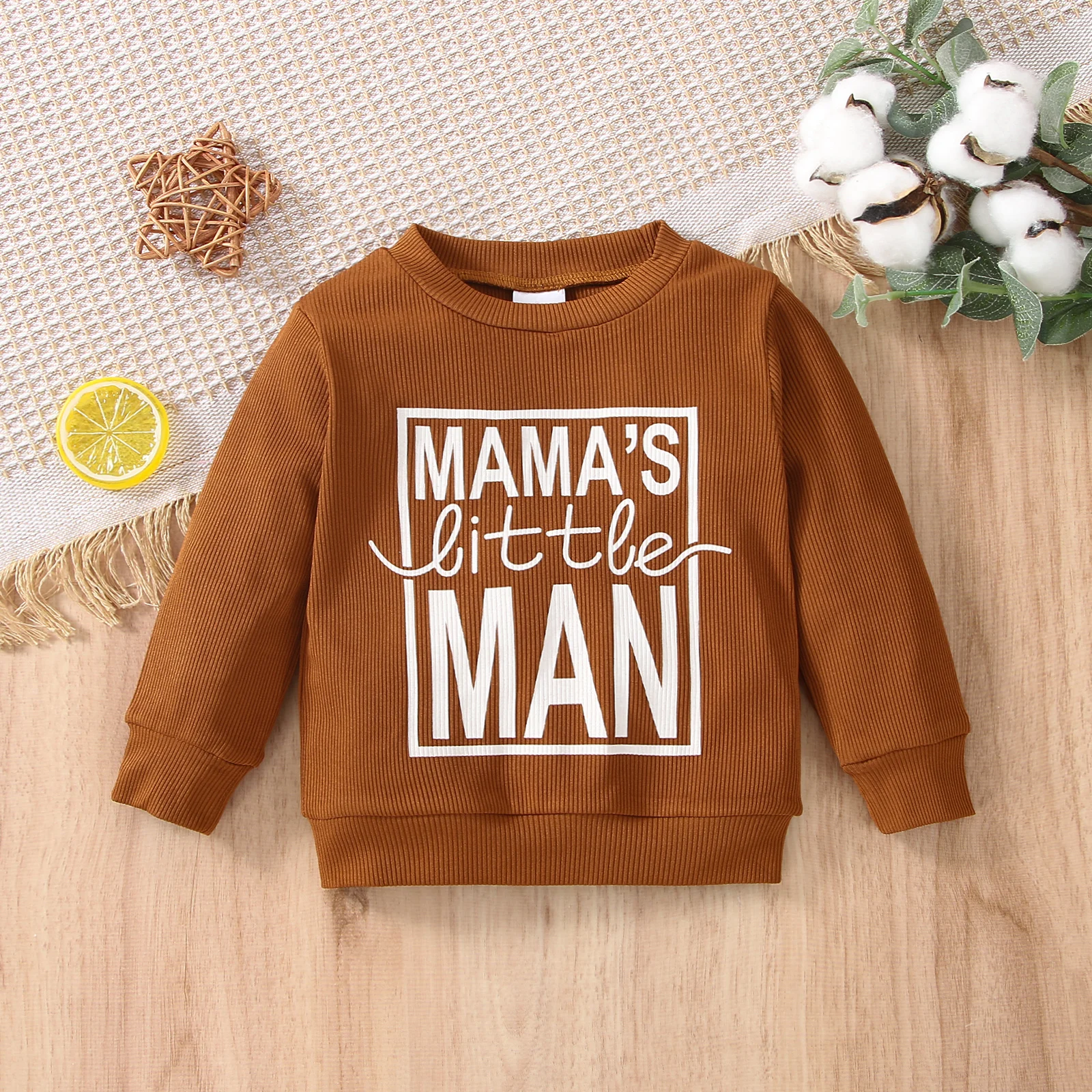 PatPat Baby Boy Letter Print Coffee Ribbed Long-sleeve Sweatshirt