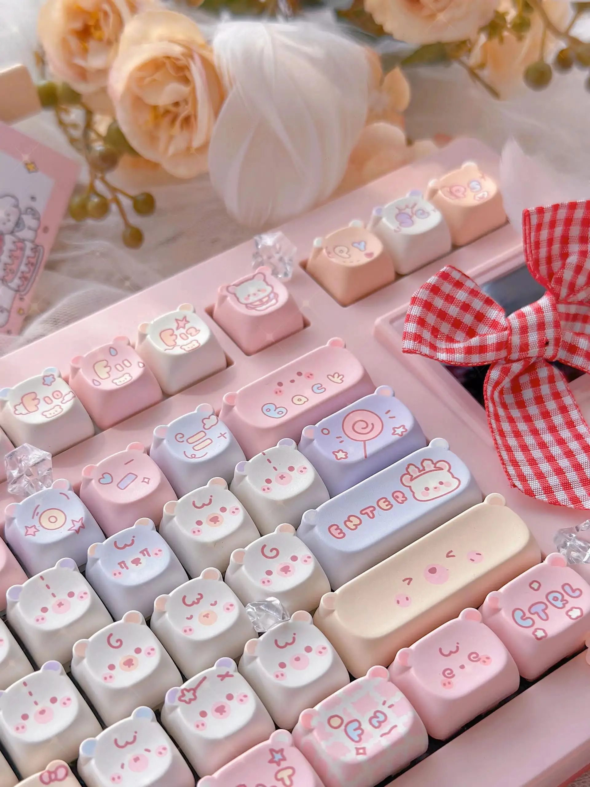Bonito Kawaii Bear Eao Keycap Teclado Mecânico Faça Você Mesmo Expressão Rosa e Roxo Pbt Lado Gravado Gato Bonito Iso Layout Ansi