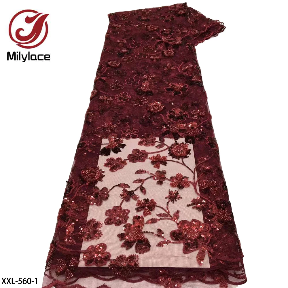 

African Handmade Beads Lace Fabric High Quality Lace Nigerian French Lace Fabrics with Sequins for Wedding Dress XXL-560