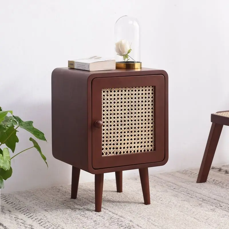 Japanese Rattan Bed Side Table Retro Nightstand Wood Bedside Tables Small Square Table Storage Cabinet Sofa Small Side Cabinet