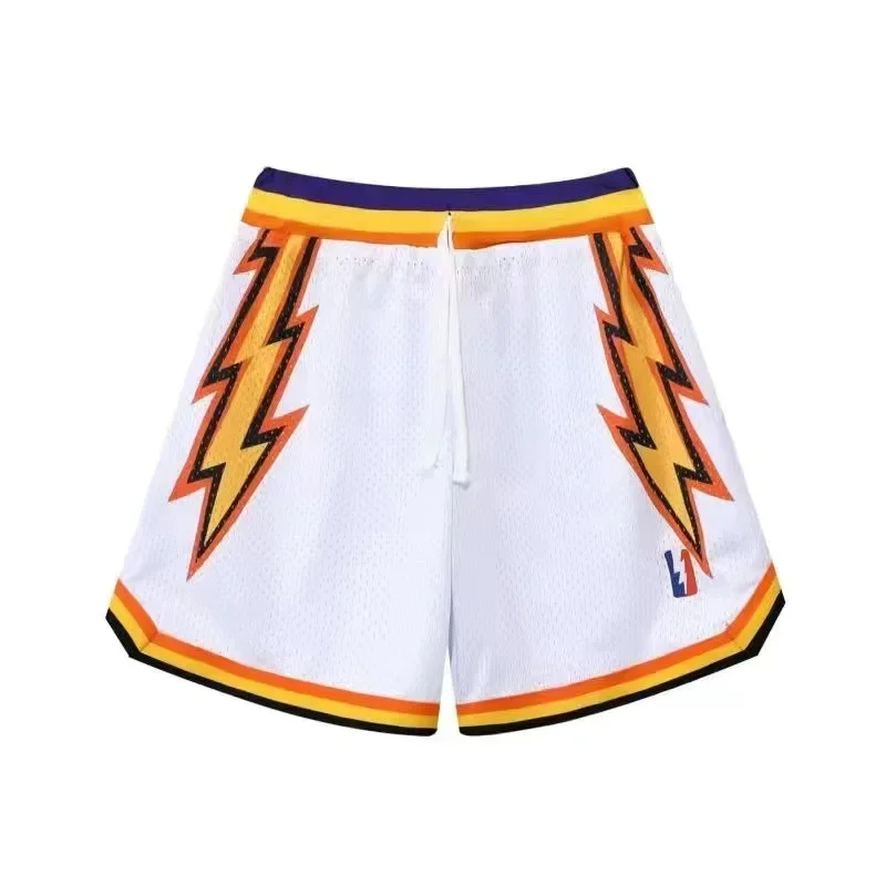 American Style Basketball Shorts Men Women Five-Quarter Length Training Sports Pants Retro Lightning Design for Training And Pla