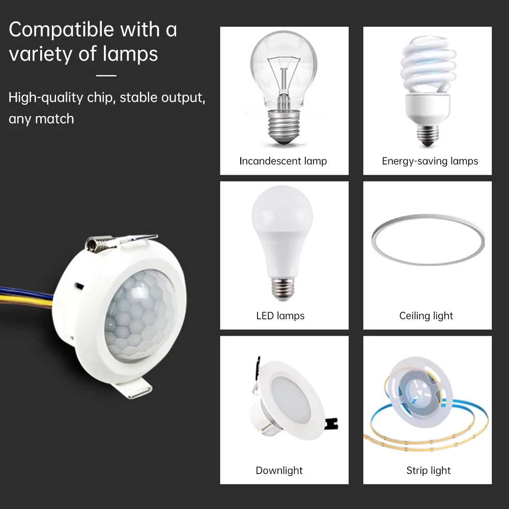 LED PIR 적외선 감지기 IR 적외선 모션 센서 스위치, 조절식 시간 지연 스위치, 가정용 조명 유도, AC 85V 220 265V
