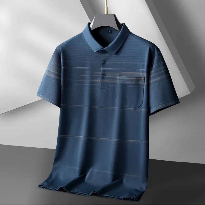 

Новое поступление, модная летняя футболка большого размера из шелка тутового шелкопряда с короткими рукавами, Мужская футболка с откидным воротником и карманом, искусственный Размер