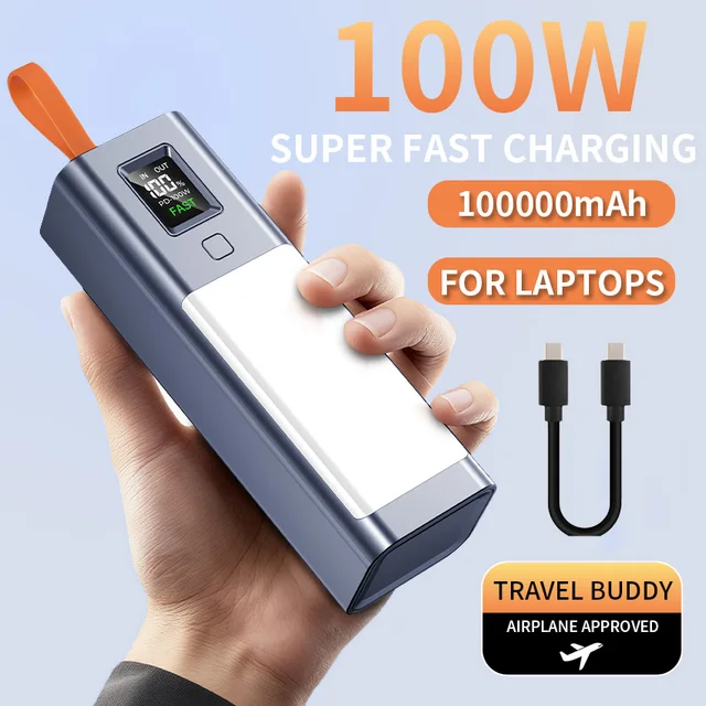 Real 100W Power Bank 100000mAh Fast Charging Large Capacity External Battery with Headlamp  for Macbook Pro Lenovo Laptop