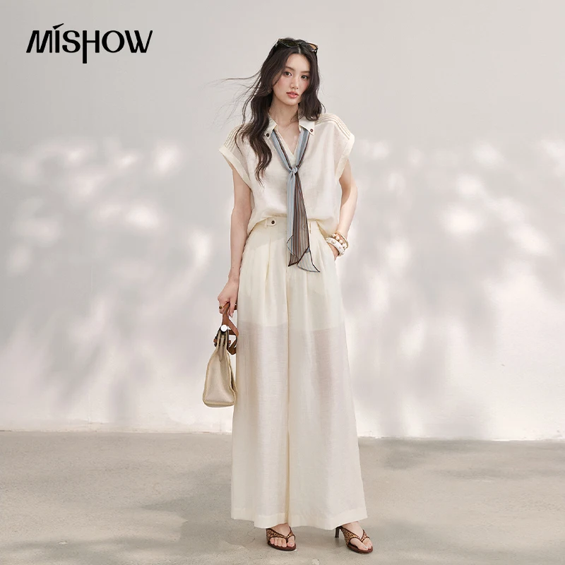 MISHOW 여성용 린넨 2피스 세트 2026 여름 라펠 V넥 셔츠 하이웨이스트 와이드 레그 팬츠 세트 (스카프 포함) 오피스룩 MXF20T1713