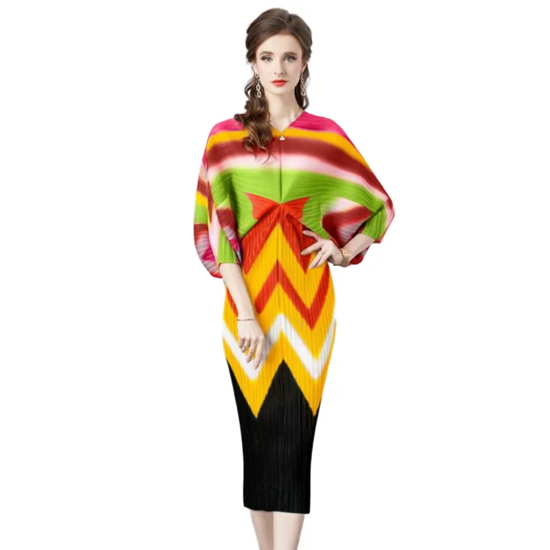 

#2375 Batwing Sleeve Midi Dress Women V-neck Loose Split Joint Pleated Runway Dress Designers Tie Dye Printed Dress Summer