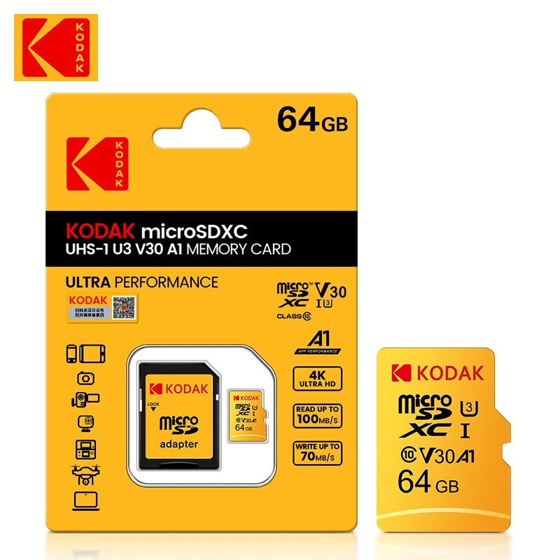 KODAK TF 카드 클래스 10 마이크로 SD 카드, 64GB U3 4K 고속 플..