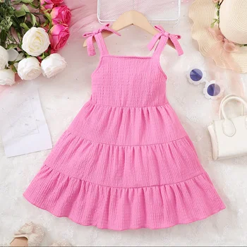 Children Girl Summer Dress Rose Red Bow Suspender Ruffle Comfortable and Soft Dress fit 4-7 Years  Cute Girls agedSeaside Beach 1