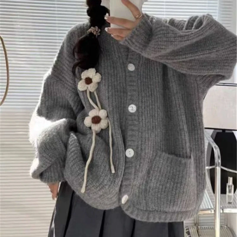 

2023 Autumn Winter Women New Floral Gray Sweater Cardigan Korean Lady Student Casual Knitted Jackets New Loose Coats Female