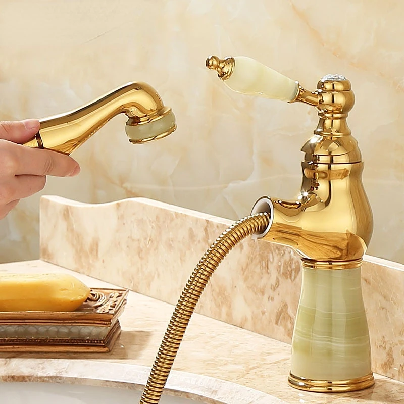 

European Style All Copper Faucet Hot And Cold Water Bathroom S Vanity Gold Natural Jade