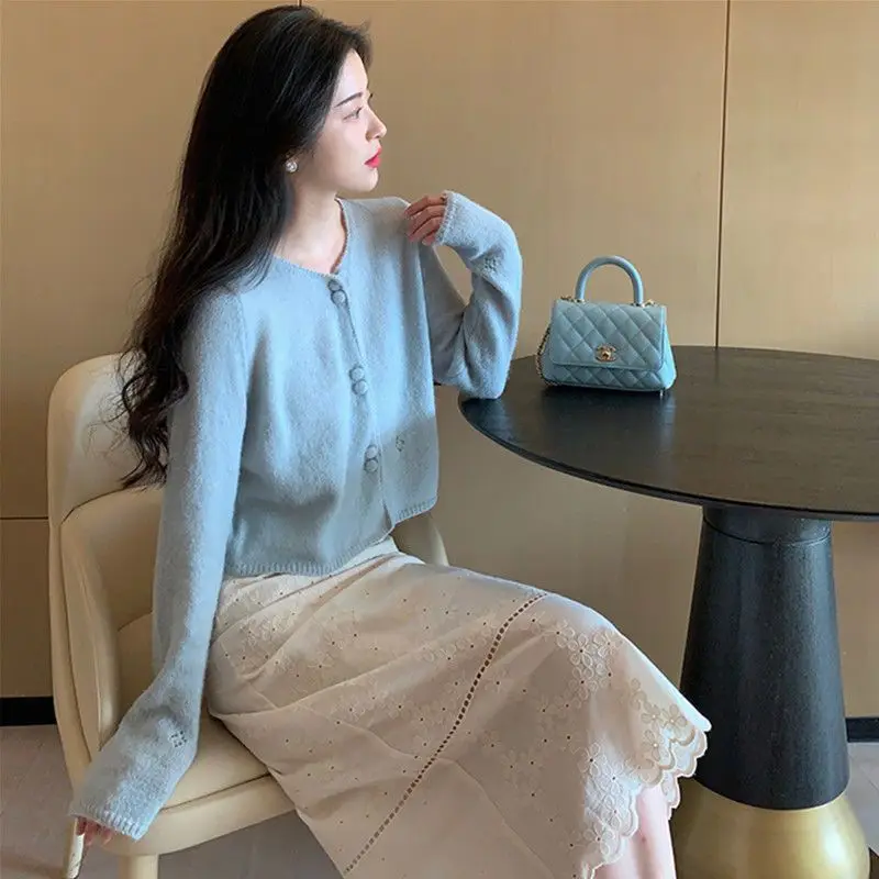 

Women Knit Cardigan Vintage French Style Long Sleeve Sweater Gentle Spring Autumn Knitwear Soft Sweet O-neck Short Tops U444