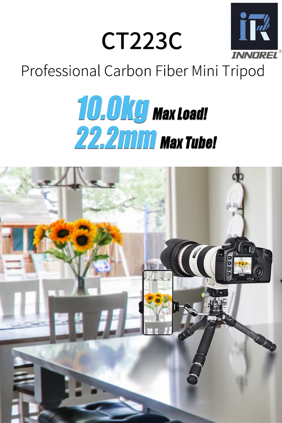 Load 10kg CT223C Mini Tabletop Tripod 10-Layer Carbon Fiber Compact Desktop Trip
