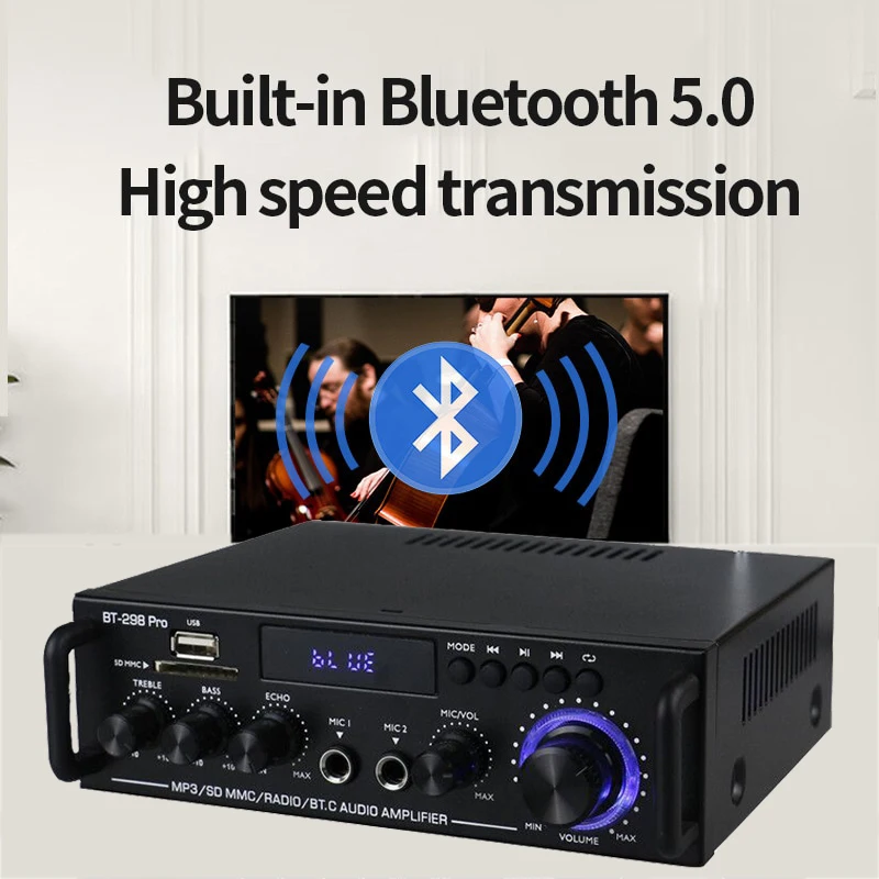 

Усилитель звука Bluetooth Hi-Fi цифровой усилитель мощности для домашнего кинотеатра BT 298Pro канал 2,0 Макс 800 Вт Поддержка FM радио 2Mic Amp